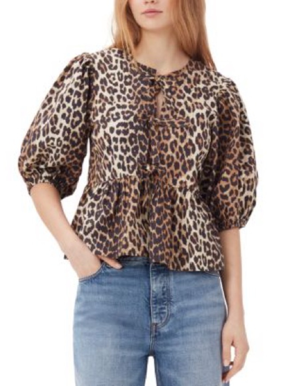 Ganni Leopard Tie Front Cotton Peplum Blouse